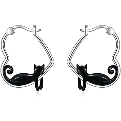 Серьги-кольца из цинкового сплава с эмалью, сердце в форме кошки