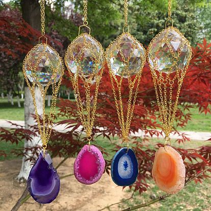 K9 Glass Round Pendant Decorations, Hanging Suncatchers, with Natural Agate Piece, for Home Garden Decorations