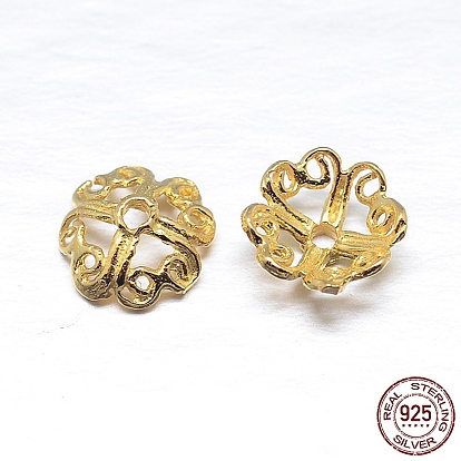 Real 18K Gold Plated 4-Petal 925 Sterling Silver Bead Caps, Flower, 7.5x3.5mm, Hole: 1mm, about 90pcs/20g