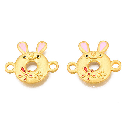 Alloy Pink & Red Enamel Connector Charms, Matte Style, Rabbit with Word Sweet Life