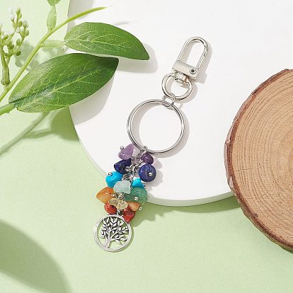 Natural Gemstone Pendant Decorations, Tibetan Style Alloy Flat Round with Tree of Life and Swivel Clasps
