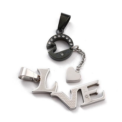 304 Stainless Steel Couple Pendants, Split Pendants, with Crystal Rhinestone, for Valentine's Day, Word LOVE & Heart