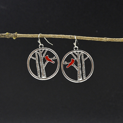 Серьги-подвески из цинкового сплава с эмалью, кольцо с веткой и красной птицей