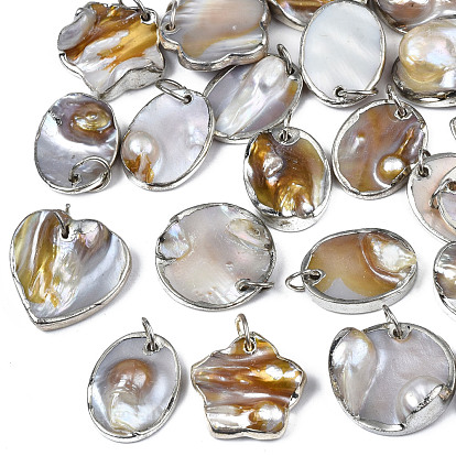 Natural White Shell Pendants, with Platinum Plated Brass Edge, Mixed Shapes