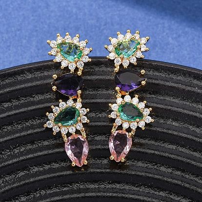 Женские серьги-гвоздики из латуни с микропаве и цветным кубическим цирконием, слеза