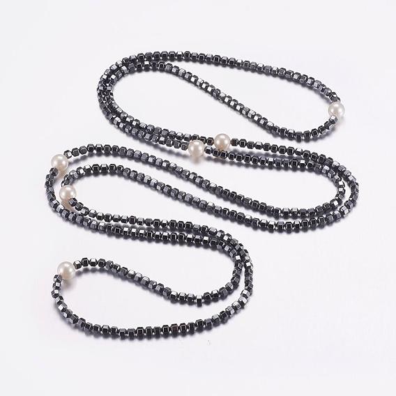 Non-Magnetic Synthetic Hematite Two-Tiered Necklaces, Layered Necklaces, with Shell Pearl