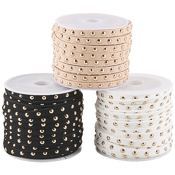 3 rouleaux 3 couleurs cordon plat en faux daim avec rivets en alliage, avec 1 des sacs cadeaux en organza à cordon, couleur mixte