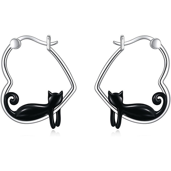 Серьги-кольца из цинкового сплава с эмалью, сердце в форме кошки