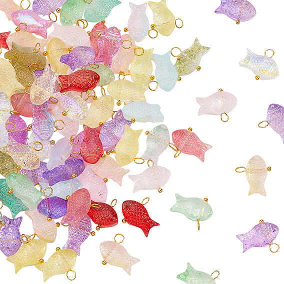 100 шт. Прозрачные стеклянные подвески, окрашенные распылением, рыбы прелести, с фурнитурой позолоченной латунной