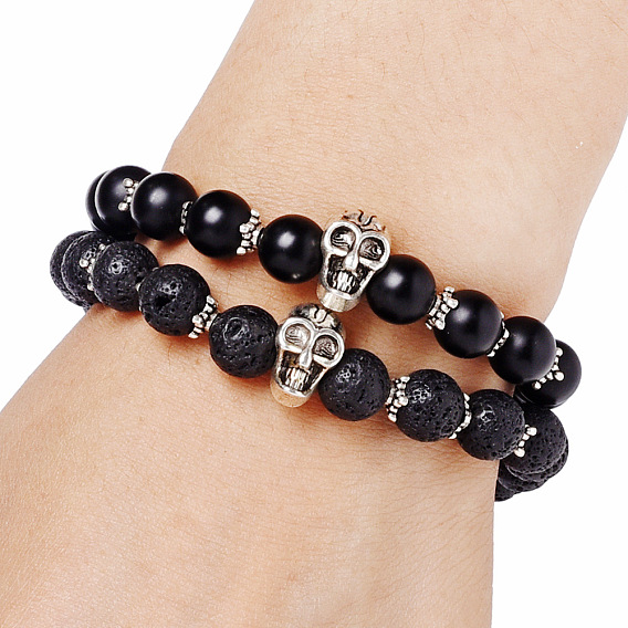 Natural Mixed Stone & Alloy Skull Beaded Stretch Bracelet