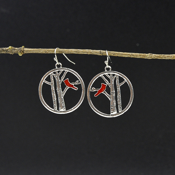 Серьги-подвески из цинкового сплава с эмалью, кольцо с веткой и красной птицей