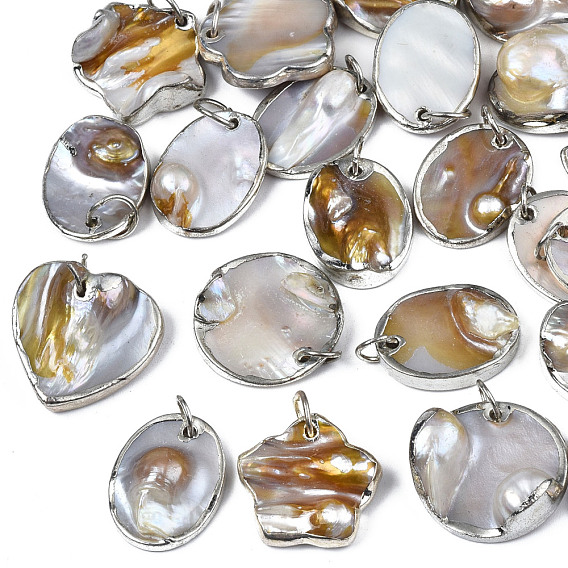 Natural White Shell Pendants, with Platinum Plated Brass Edge, Mixed Shapes