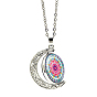 Glass Moon with Mandala Flower Pendant Necklace, Stainless Steel Jewelry for Women