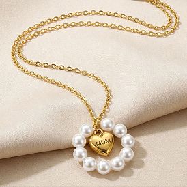 304 Кольцо из нержавеющей стали с подвеской в виде сердца из пластиковых бусин и жемчуга, подвеска в форме сердца, подарок на День матери., белые