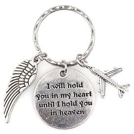 Keychain, with Iron Key Ring, 304 Stainless Steel Jump Rings, Alloy Flat Round with Word & Wing & Passenger Airplane Charms