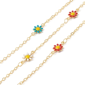 Handmade Eco-friendly Brass Enamel Flower Link Chain, Real 18K Gold Plated, Lead Free & Cadmium Free, Soldered, with Spool