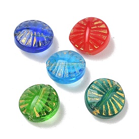 Baking Paint Transparent Glass Beads, Golden Metal Enlaced, Flat Round
