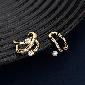 Серьги-каффы в форме буквы С с микропаве из прозрачного кубического циркония из латуни, с имитацией жемчуга