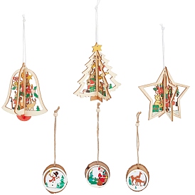 GORGECRAFT 6Pcs 6 Styles Wooden Christmas Ornaments, Wood Holiday Hanging Decorations with Rope, Mixed Shapes