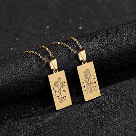 12 Constellation Stainless Steel Tarot Card Engraved Pendant Cable Chain Necklaces, Golden