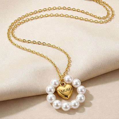 304 Кольцо из нержавеющей стали с подвеской в виде сердца из пластиковых бусин и жемчуга, подвеска в форме сердца, подарок на День матери., белые