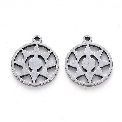 304 Stainless Steel Pendants, Laser Cut, Flat Round with Sun