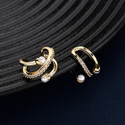 Серьги-каффы в форме буквы С с микропаве из прозрачного кубического циркония из латуни, с имитацией жемчуга