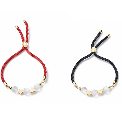 2Pcs 2 Color Synthetic Moonstone & Brass Heart Beaded Slider Bracelet, Adjustable Lucky Bracelets for Best Friends Lovers
