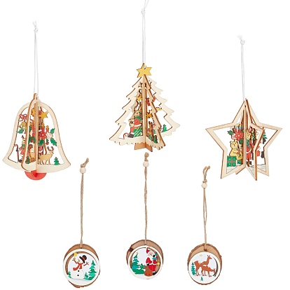 6Pcs 6 Styles Wooden Christmas Ornaments, Wood Holiday Hanging Decorations with Rope, Mixed Shapes