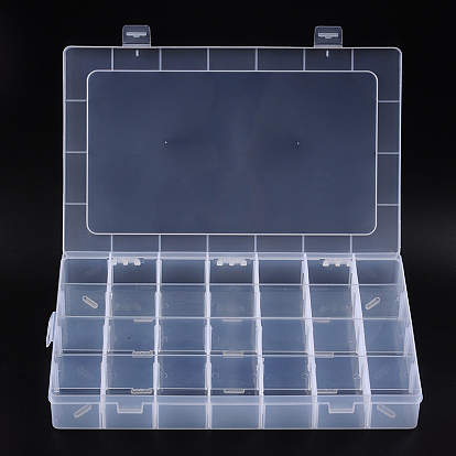 Plastic Beads Containers, Adjustable Dividers Box, Clear, Rectangle, 350x220x50mm, 28 Compartments