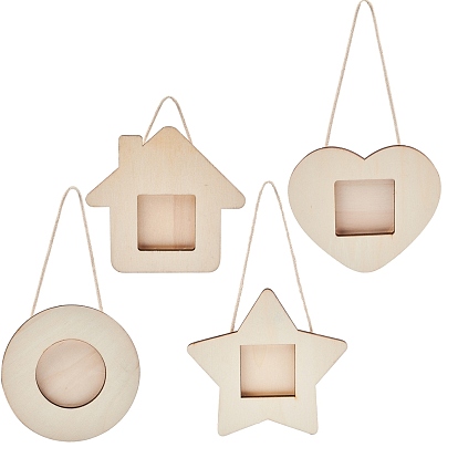 Wood Pendants, Photo Frame Theme, Mixed Dyed and Undyed, Mixed Shapes