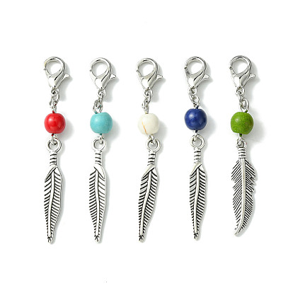 Alloy Feather Pendant Decorations, with Dyed Synthetic Turquoise Beads and Alloy Lobster Claw Clasps