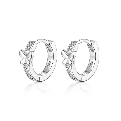 925 Sterling Silver Butterfly Hoop Earrings, with Cubic Zirconia, Silver