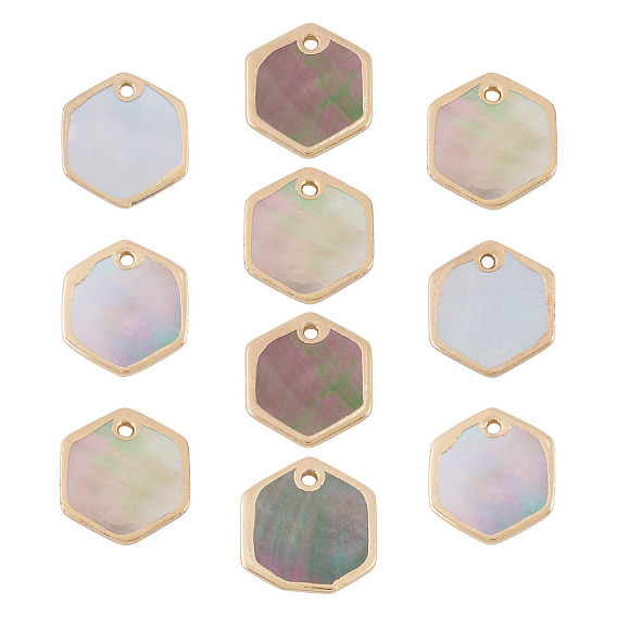 10шт. натуральные черные шестиугольные подвески в виде губной раковины, с латунной кромкой, золотой свет