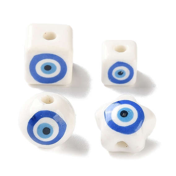 White Base Blue Evil Eye Hand Painted Ceramic Porcelain Beads