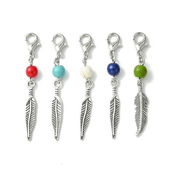 Alloy Feather Pendant Decorations, with Dyed Synthetic Turquoise Beads and Alloy Lobster Claw Clasps