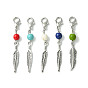 Alloy Feather Pendant Decorations, with Dyed Synthetic Turquoise Beads and Alloy Lobster Claw Clasps