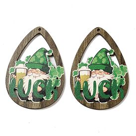 Saint Patrick's Day Single Face Printed Wood Big Pendants, Teardrop Charms with Gnome