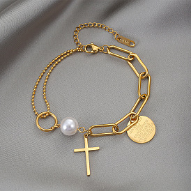 Minimalist Titanium Steel Irregular Chain Pearl Cross Round Pendant Bracelet