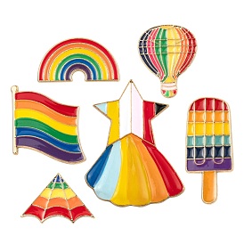 6Pcs 6 Style Alloy Enamel Brooches, Enamel Pin, with Brass Butterfly Clutches, Flag & Rainbow & Ice Sucker & Star & Hot Air Balloon & Kite, Light Gold