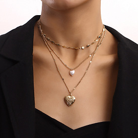 Multi-layer Heart Chain Pearl Necklace with Openable Peach-shaped Pendant for Women