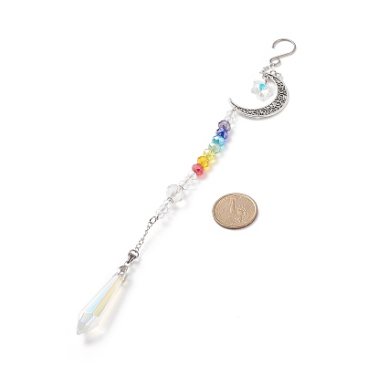 Alloy Moon Pendant Decorations, 7 Chakra AB Color Plated Glass Beaded Hanging Ornament, with Glass Cone & Star/Ice Flower/Heart Charm