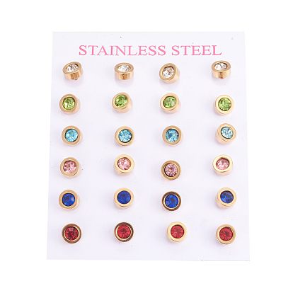 304 Stainless Steel Ear Studs, with Rhinestone, Flat Round