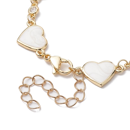 Brass Enamel Heart Link Chain Bracelet with Cubic Zirconia