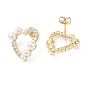 Brass Heart Stud Earrings with Cubic Zirconia, ABS Imitation Pearl Beaded Earrings for Women