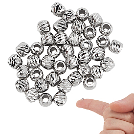 40pcs perles en argent sterling plaquées rhodium 925, rond cannelé, sans nickel