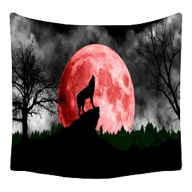 Polyester Moon Night Wolf Howl Wall Hanging Tapestry, Rectangle Tapestry for Bedroom Living Room Decoration