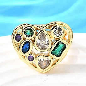 Латунные микро проложить манжеты кольца кубического циркония, сердце, без кадмия и без свинца, стойки покрытие, реальный 18 k позолоченный