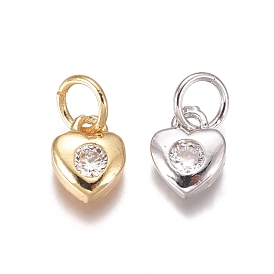 Brass Pendants, with Cubic Zirconia and Jump Rings, Heart, Clear