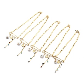 Evil Eye Brass Enamel Pendant Necklaces, with Cubic Zirconia, Natural Pearl, 304 Stainless Steel Toggle Clasps and Cardboard Boxes, Flat Round with Saint Benedict Medal, Golden